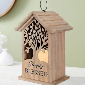 Simply Blessed’ Wooden House Cutout Lantern with LED Candle 11”H